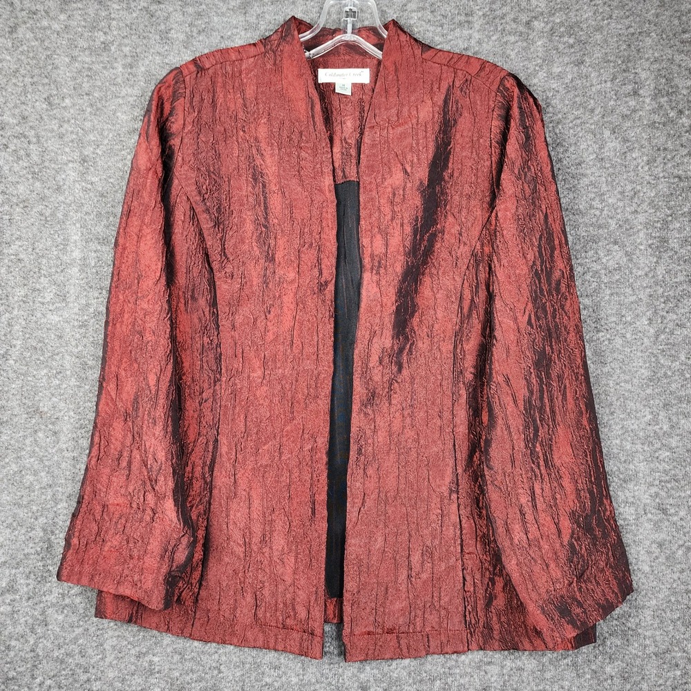 Coldwater Creek Jacket Women Medium Burgundy Red Metallic Crinkle Open Front